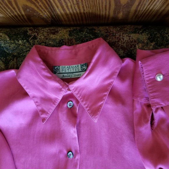 Vintage 90s, satin blouse, round hem, L, M, mop buttons, rose pink,  Braemar - Picture 5 of 9